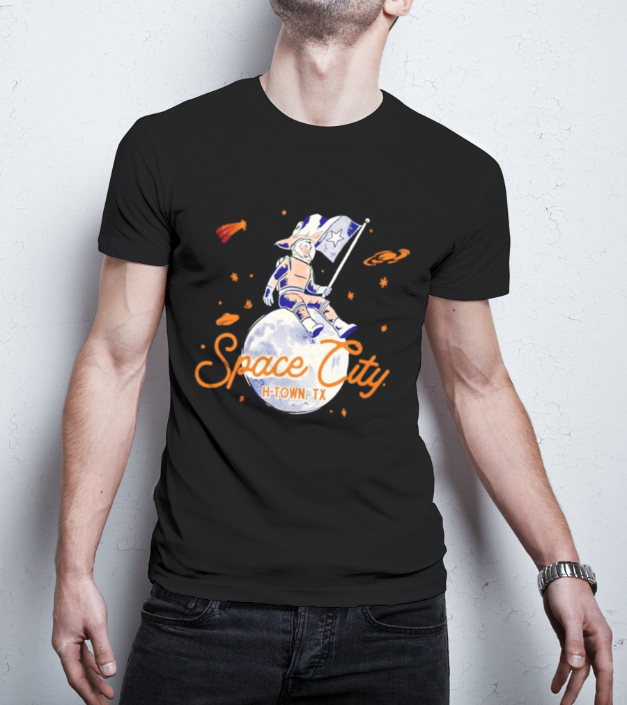 Space City H-Town TX Astronaut On Moon With Saturn And Stars T-Shirt