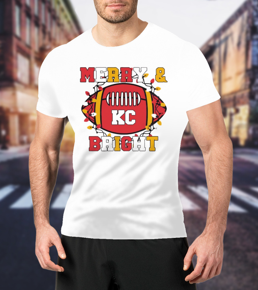 Kansas City Chiefs KC Merry And Bright Football Christmas T-Shirt