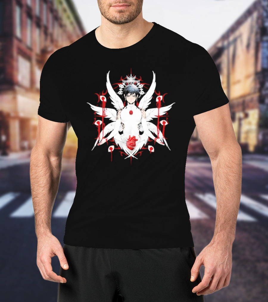 W6rst Maza Anime Angelic Figure With Wings And Red Accents T-Shirt