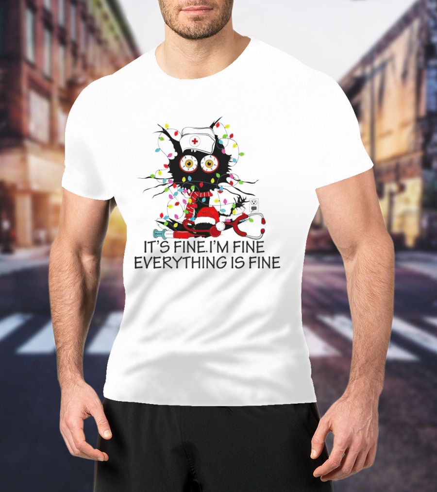 Black Cat Nurse It's Fine I'm Fine Everything Is Fine Christmas Lights Stethoscope T-Shirt