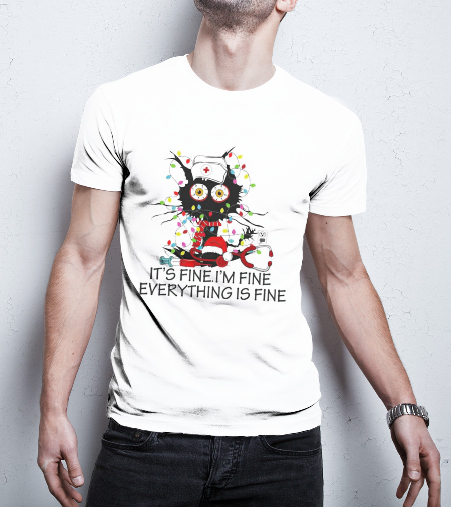 Black Cat Nurse It's Fine I'm Fine Everything Is Fine Christmas Lights Stethoscope T-Shirt