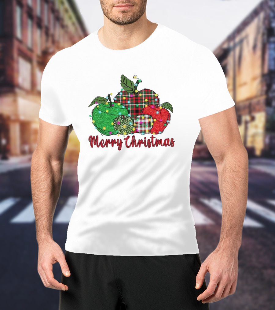 Merry Christmas Apples Plaid And Lights T-Shirt
