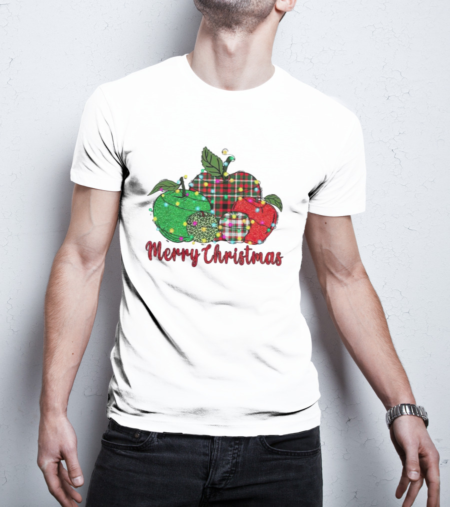 Merry Christmas Apples Plaid And Lights T-Shirt