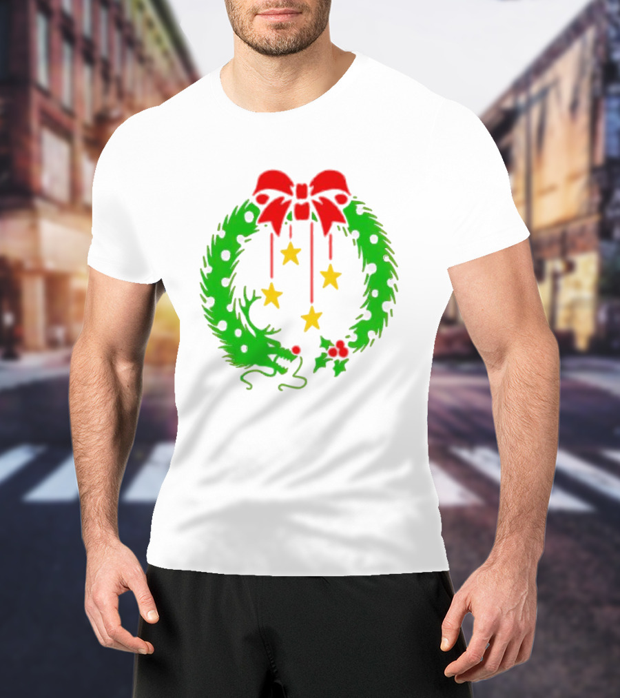 Christmas Wreath Dragon With Four Stars And Red Bow T-Shirt