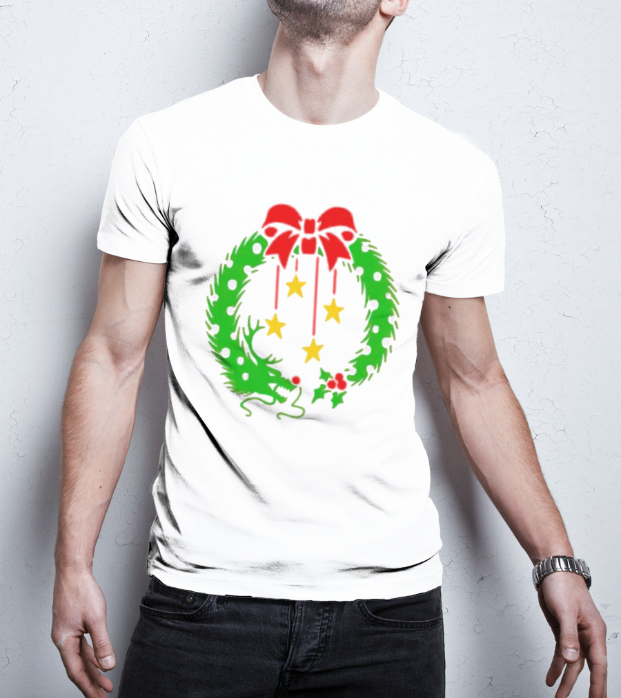 Christmas Wreath Dragon With Four Stars And Red Bow T-Shirt