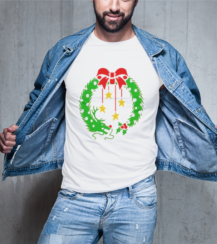 Christmas Wreath Dragon With Four Stars And Red Bow T-Shirt