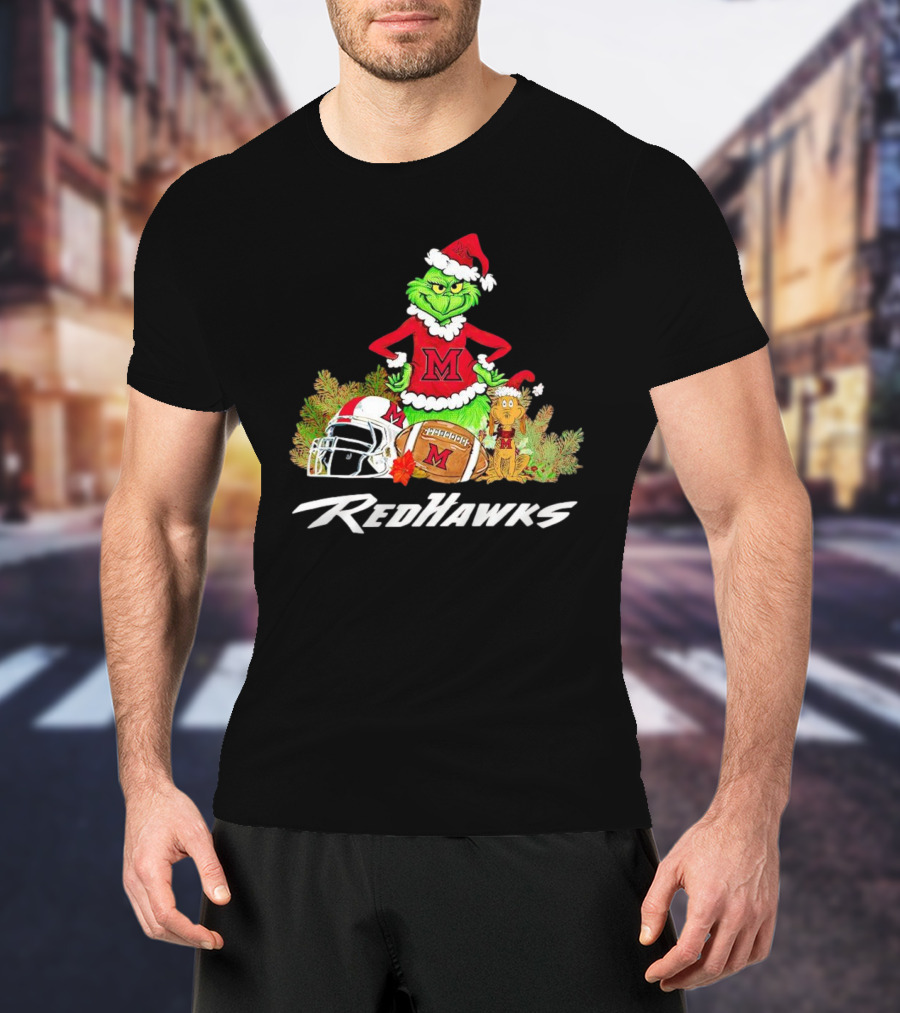 Grinch With Miami RedHawks Christmas Football Santa Hat T-Shirt