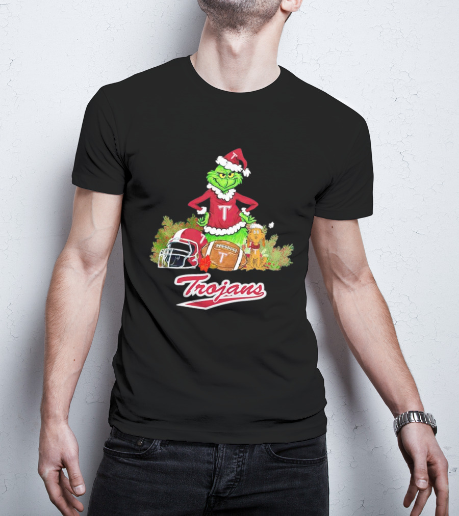 Grinch Troy Trojans Christmas Football Festive Scene T-Shirt