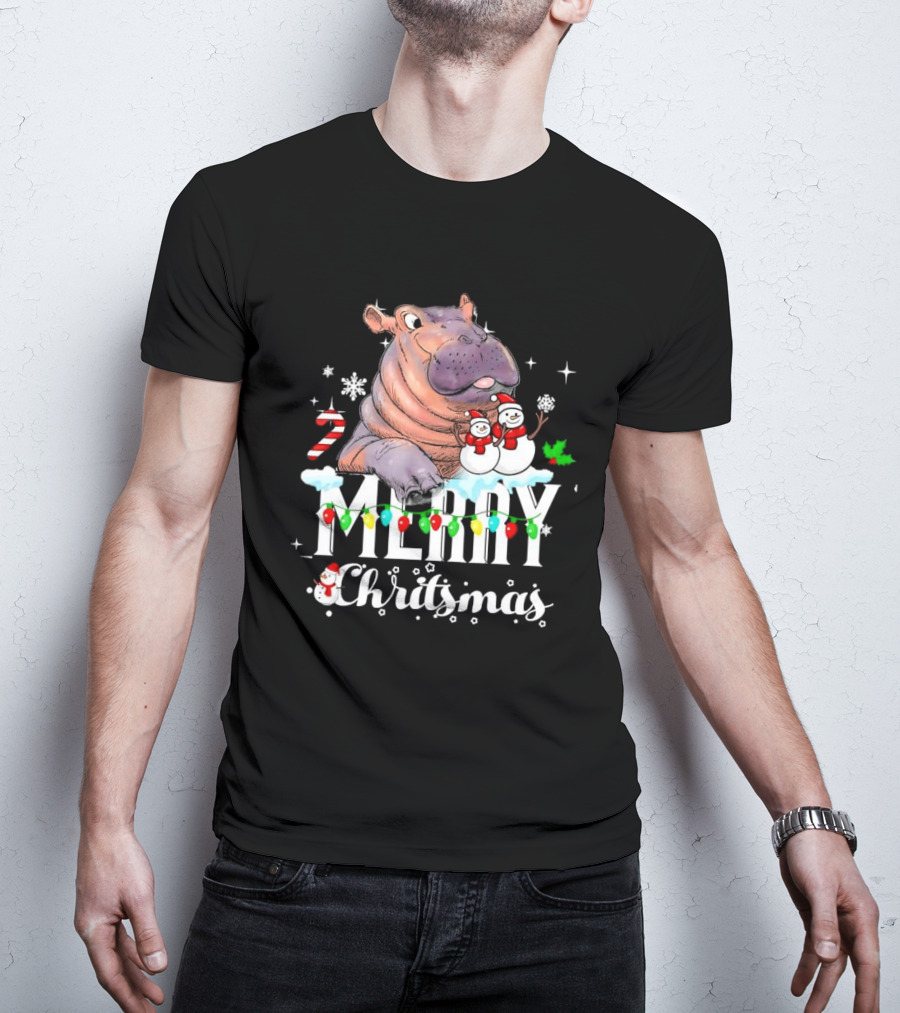 Hippo Merry Christmas Snowmen Candy Cane Lights T-Shirt