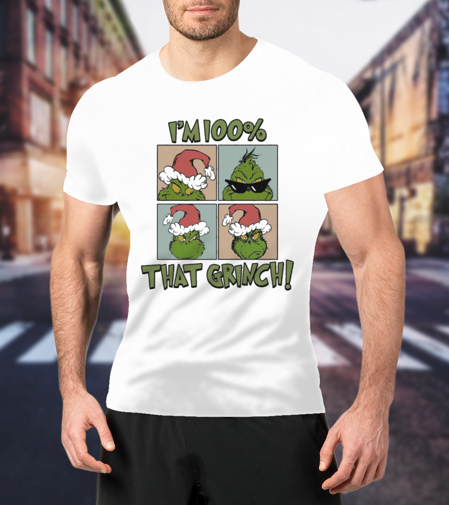 I'm 100% That Grinch Christmas Icon With Santa Hat And Sunglasses T-Shirt