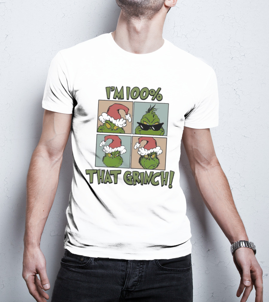 I'm 100% That Grinch Christmas Icon With Santa Hat And Sunglasses T-Shirt