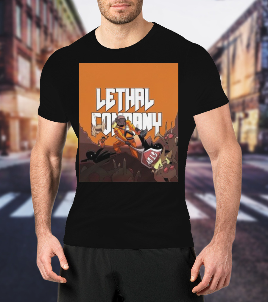 Lethal Company Stop Sign Creature Battle Scene T-Shirt