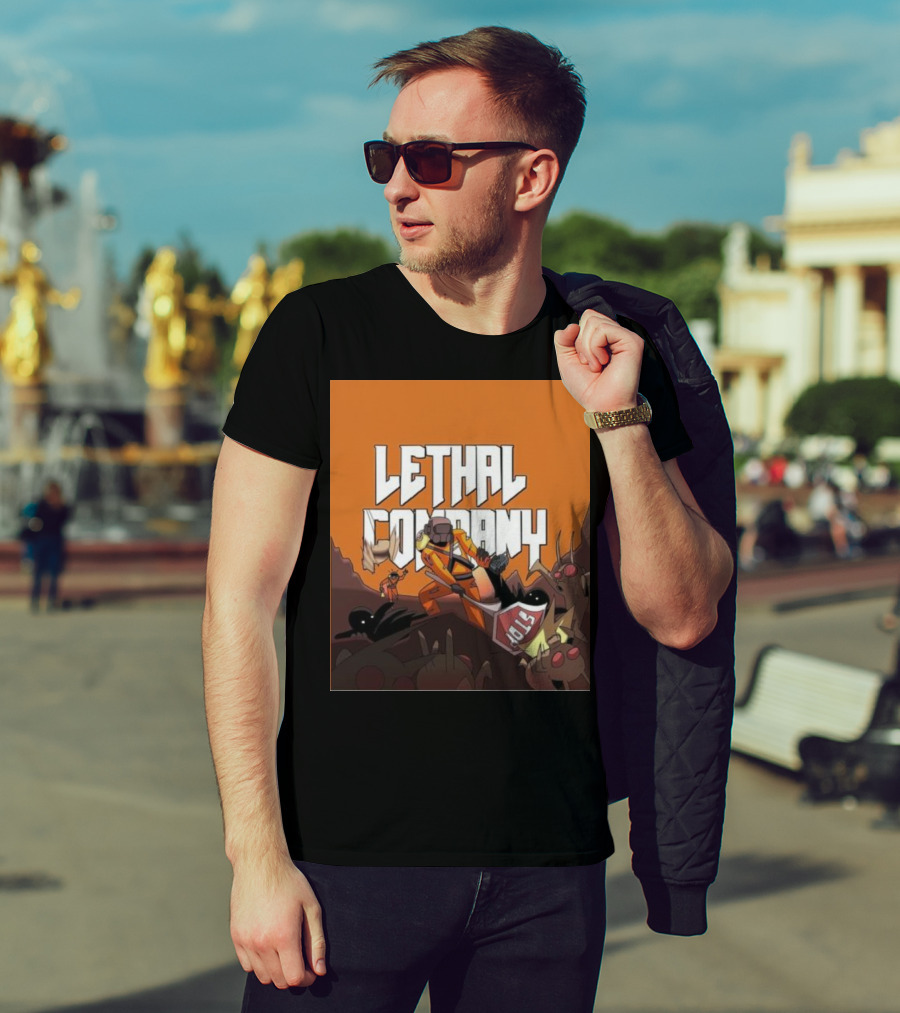 Lethal Company Stop Sign Creature Battle Scene T-Shirt