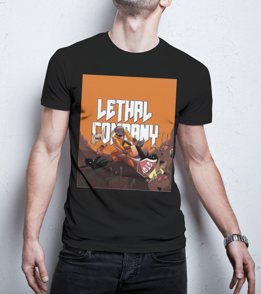 Lethal Company Stop Sign Creature Battle Scene T-Shirt
