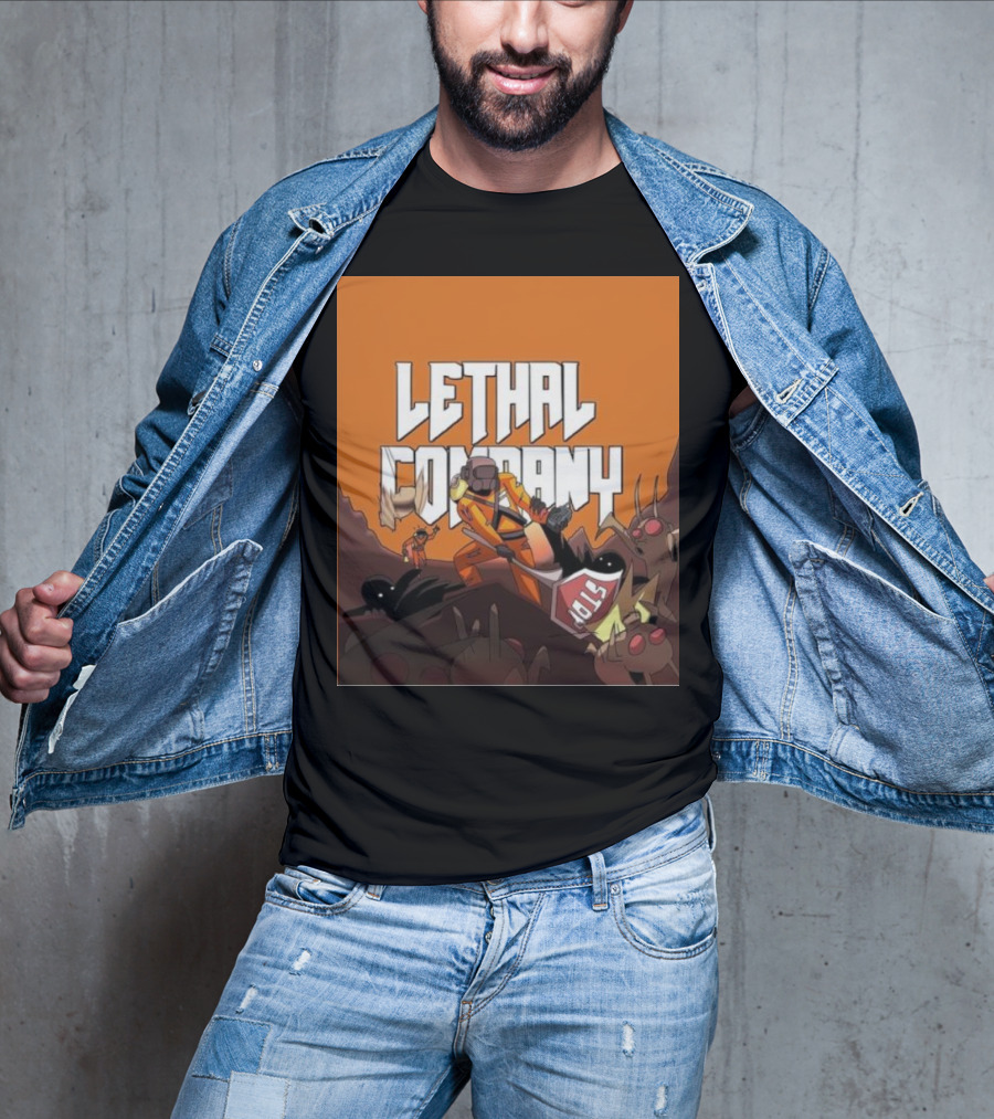 Lethal Company Stop Sign Creature Battle Scene T-Shirt