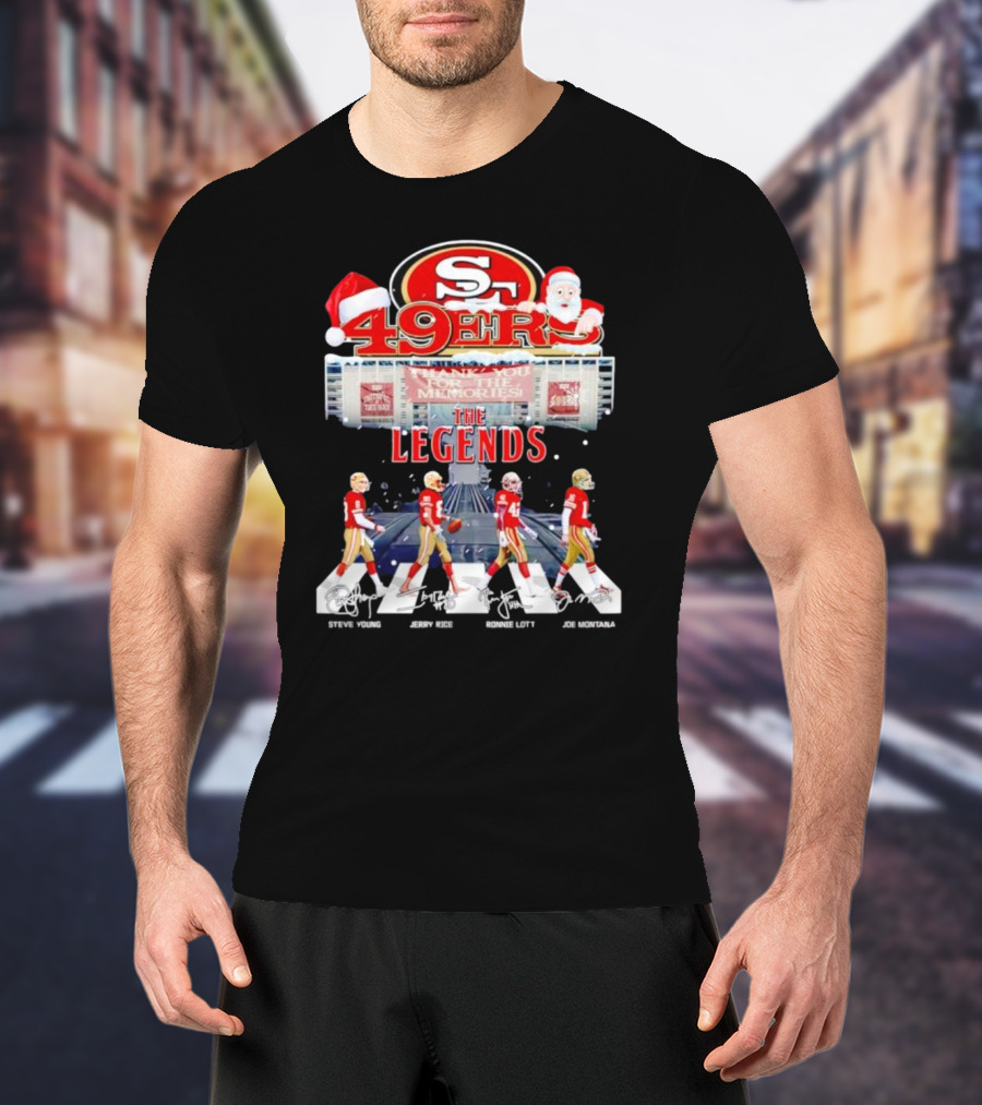49ers The Legends Abbey Road Steve Young Jerry Rice Ronnie Lott Joe Montana Christmas Signatures T-Shirt