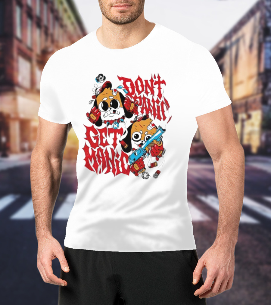 Don’t Panic Get Manic Cartoon Bears In Red And Black With Blue Gun T-Shirt