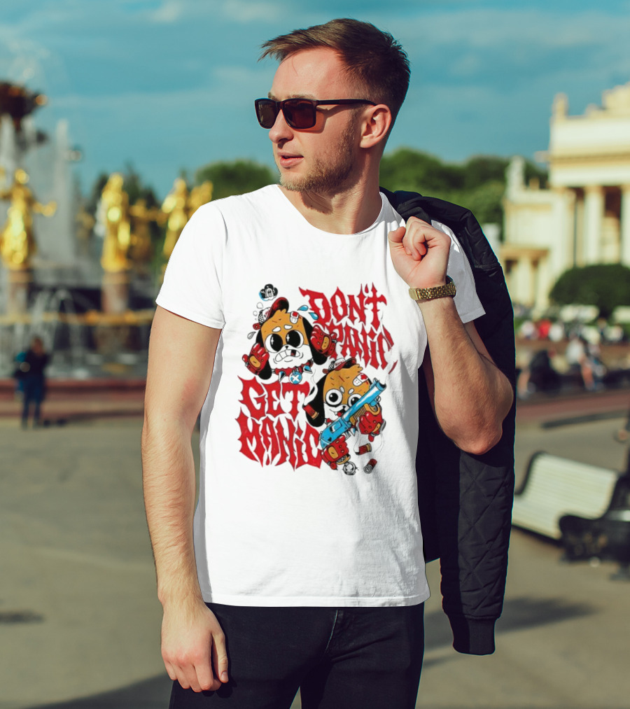 Don’t Panic Get Manic Cartoon Bears In Red And Black With Blue Gun T-Shirt