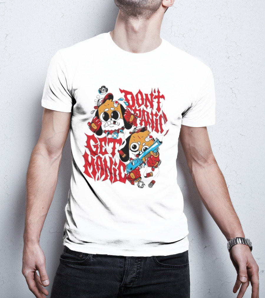 Don’t Panic Get Manic Cartoon Bears In Red And Black With Blue Gun T-Shirt