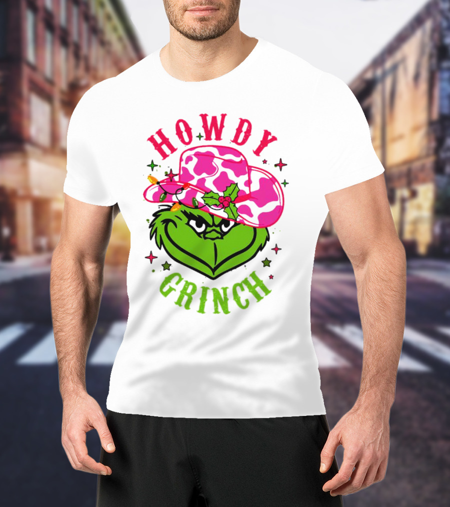 Howdy Grinch Christmas Cowboy Hat Festive Lights T-Shirt