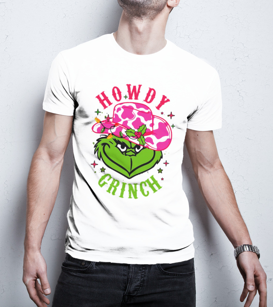 Howdy Grinch Christmas Cowboy Hat Festive Lights T-Shirt