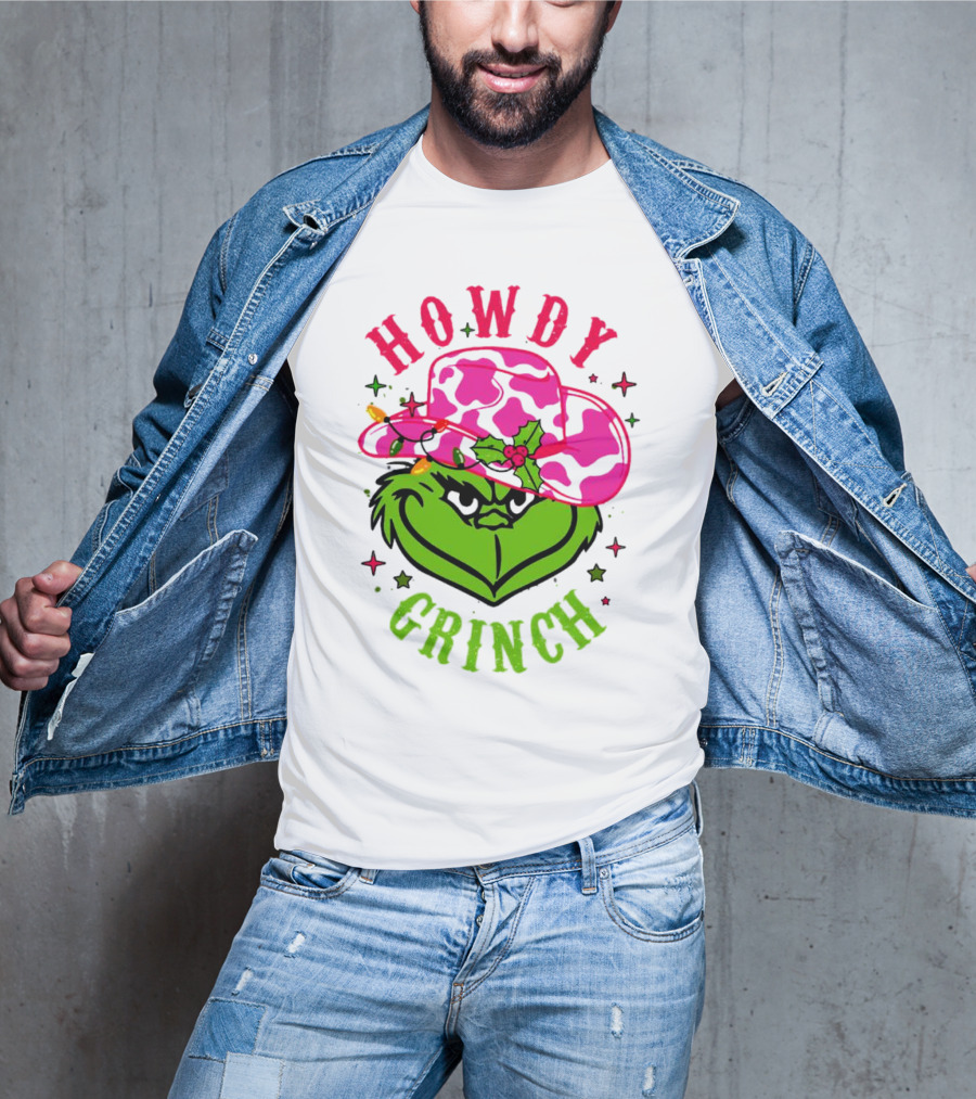 Howdy Grinch Christmas Cowboy Hat Festive Lights T-Shirt