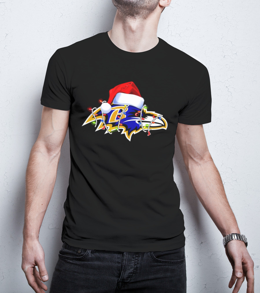 Baltimore Ravens Christmas Lights Santa Hat T-Shirt