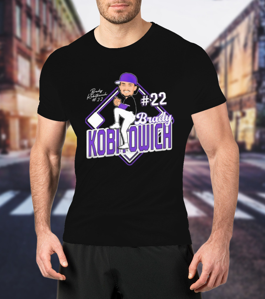 Brady Kobitowich #22 Baseball Cartoon Character Purple Cap 2023-2024 T-Shirt