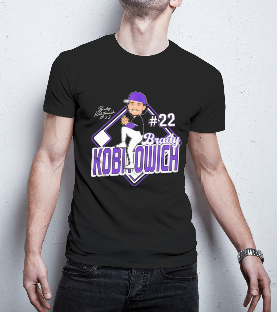 Brady Kobitowich #22 Baseball Cartoon Character Purple Cap 2023-2024 T-Shirt
