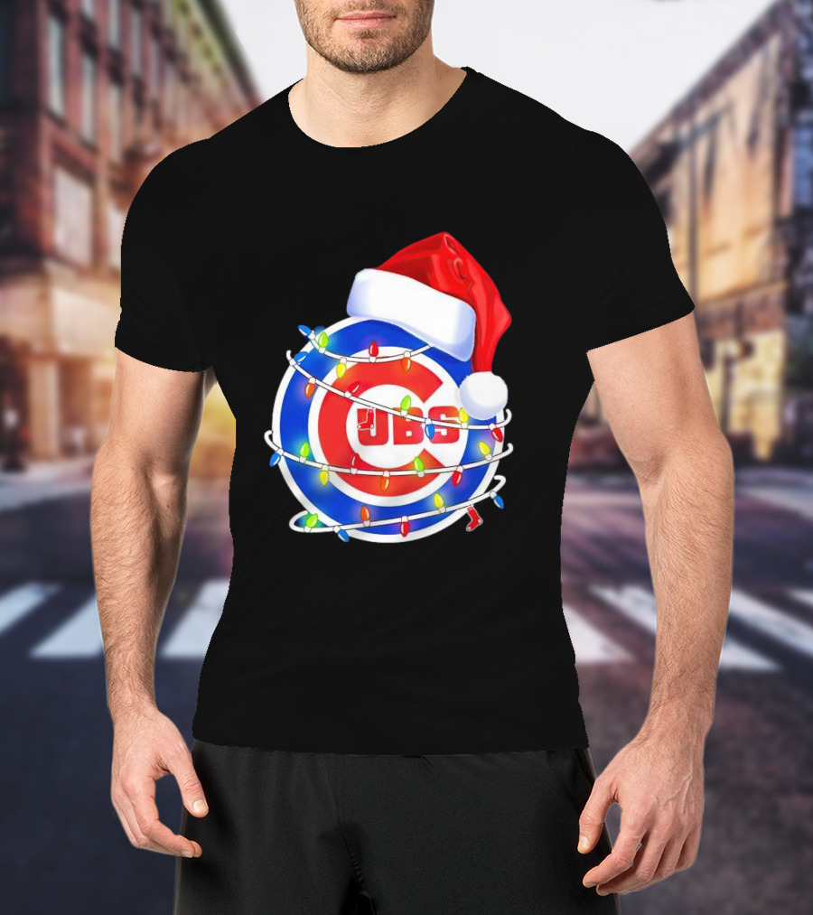 Chicago Cubs Festive Christmas Lights With Santa Hat T-Shirt