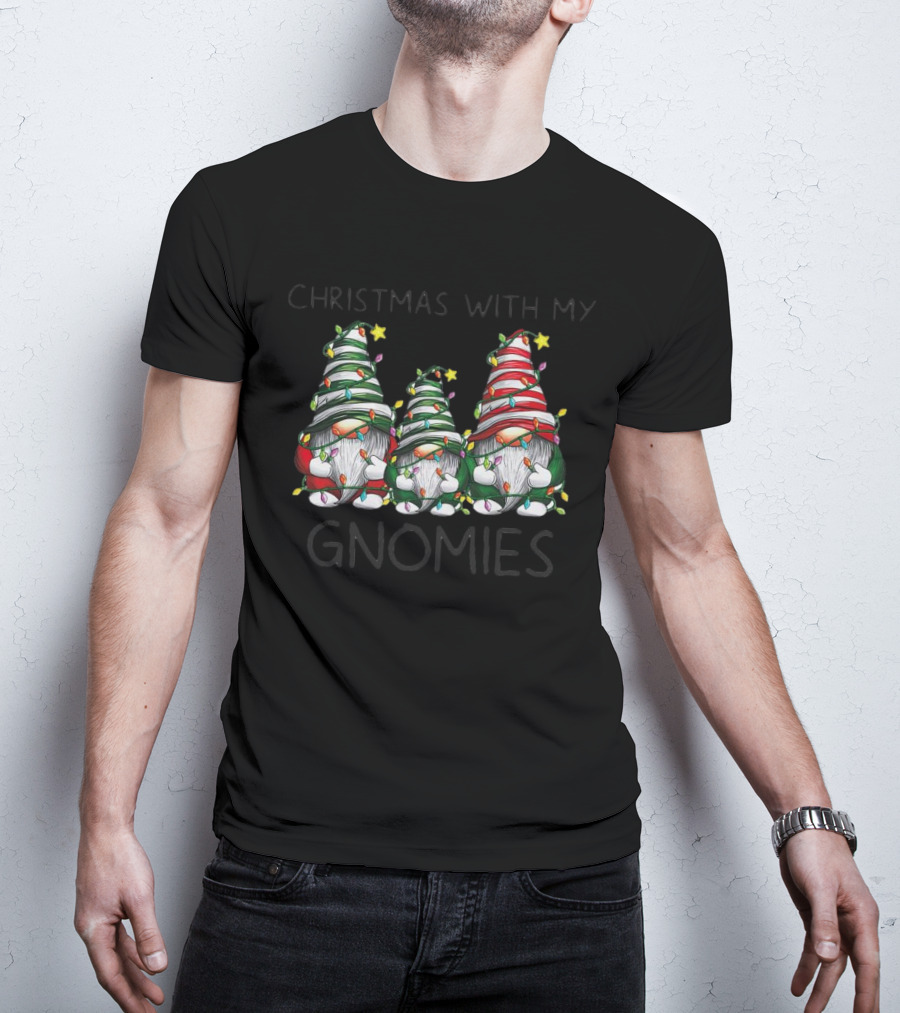 Christmas With My Gnomies Festive Holiday Lights Gnome Trio T-Shirt