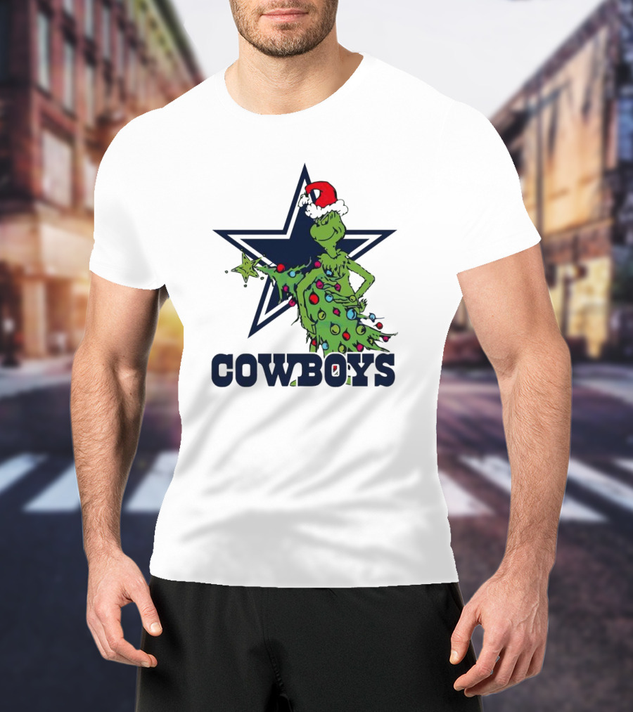 Dallas Cowboys Grinch In Santa Hat With Christmas Tree And Star T-Shirt