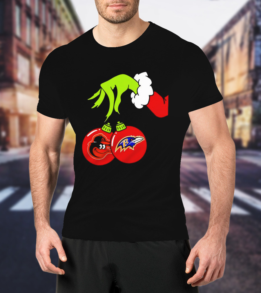 Grinch Hand Holding Baltimore Ravens And Orioles Christmas Ornaments T-Shirt