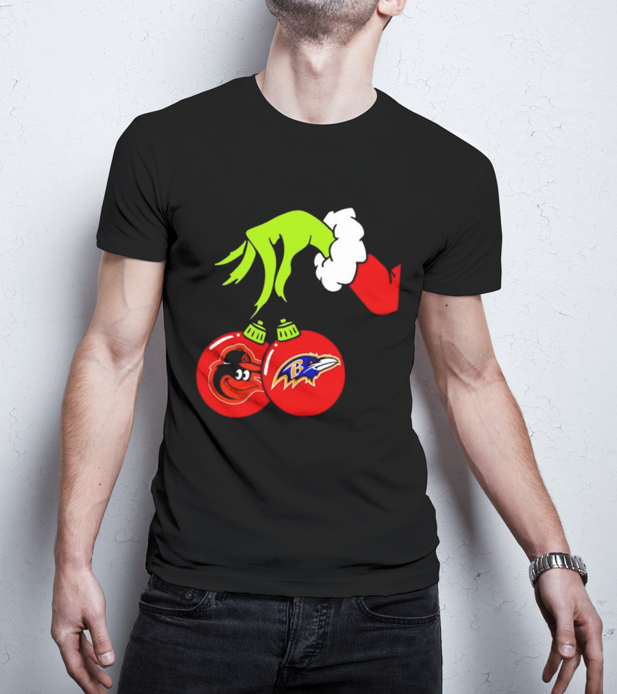 Grinch Hand Holding Baltimore Ravens And Orioles Christmas Ornaments T-Shirt