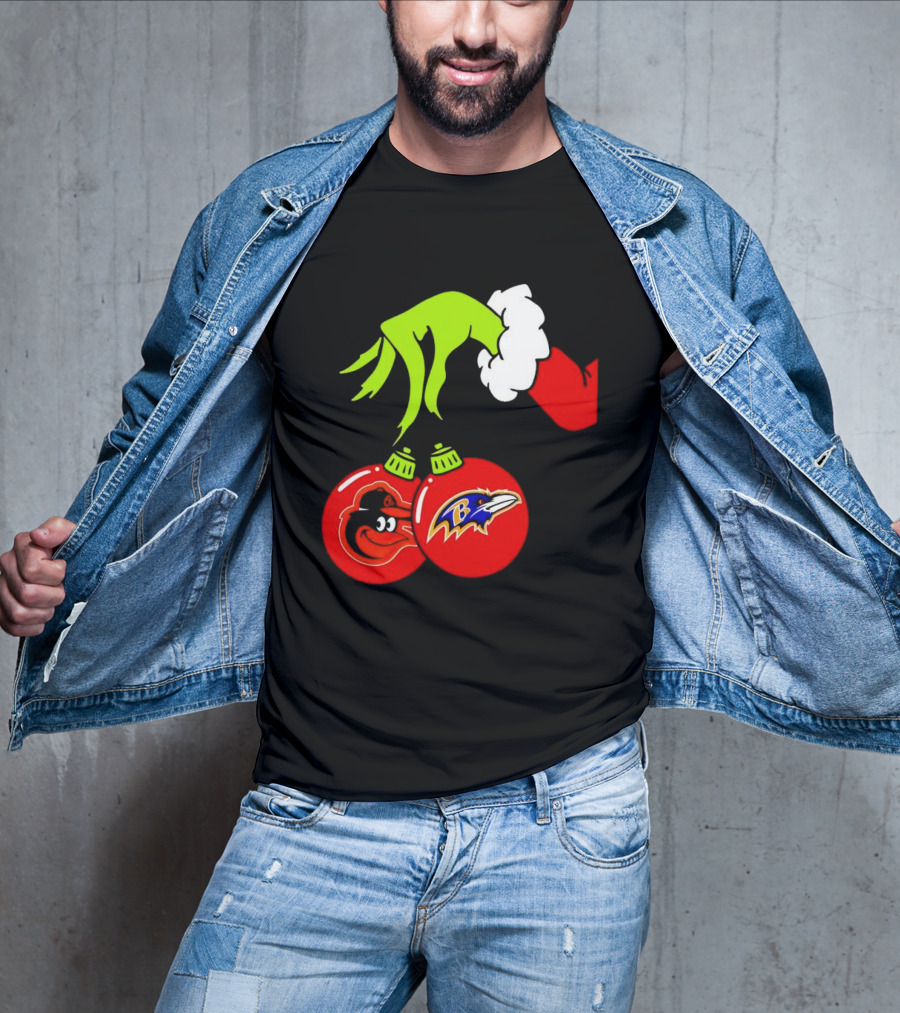 Grinch Hand Holding Baltimore Ravens And Orioles Christmas Ornaments T-Shirt