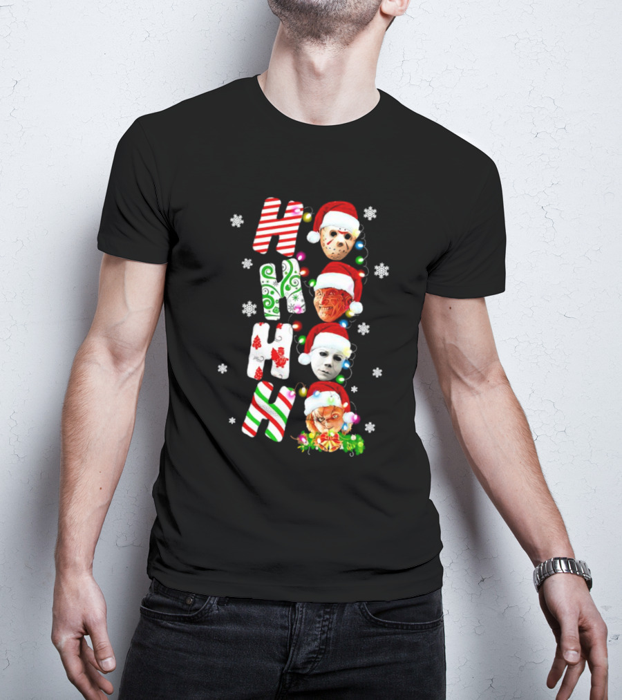 Ho Ho Ho Horror Movies Characters Christmas Snowflakes Santa Hats T-Shirt