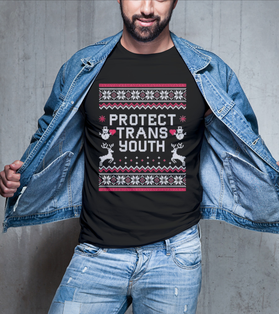 PROTECT TRANS YOUTH Snowflakes Reindeer Hearts Snowmen T-Shirt