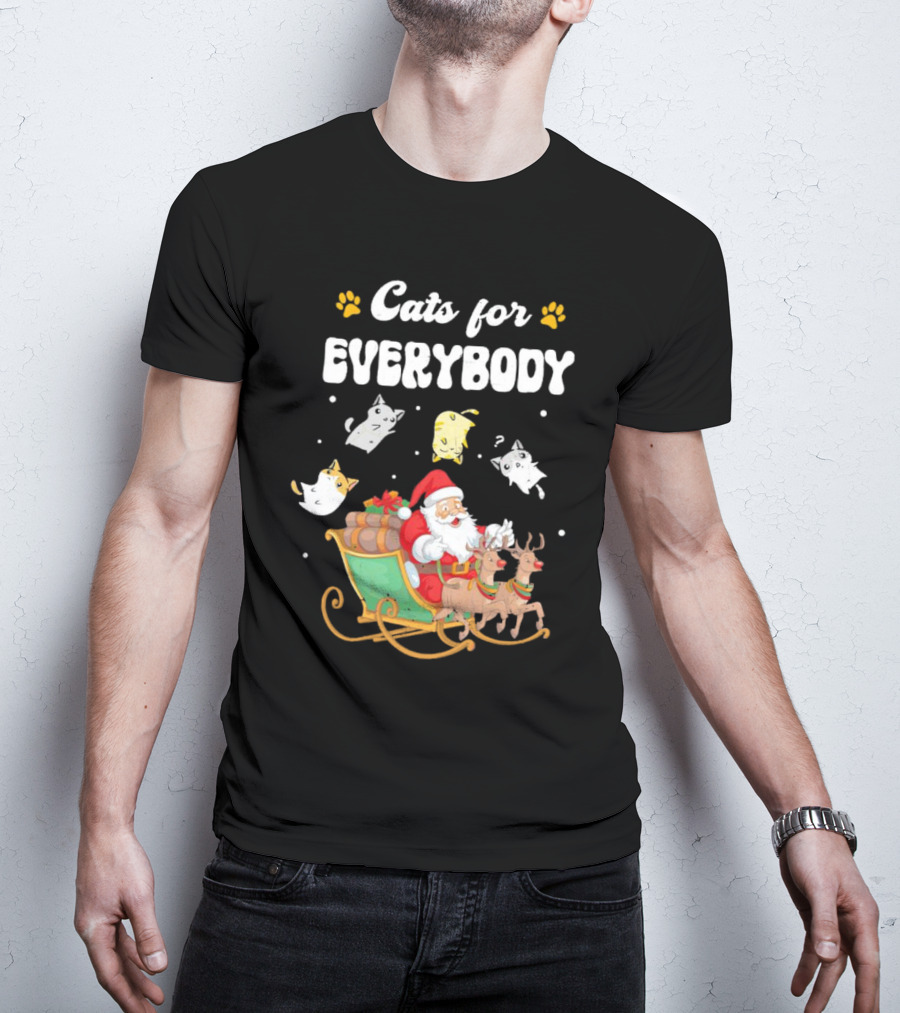 Santa With Flying Cats And Reindeer Sleigh For Everybody Christmas T-Shirt