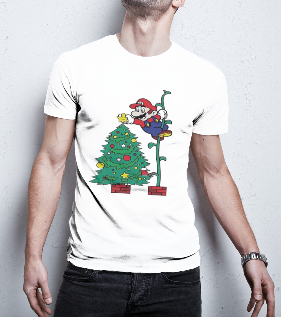 Super Mario Decorating Christmas Tree With Power-Up Star And Brick Blocks T-Shirt