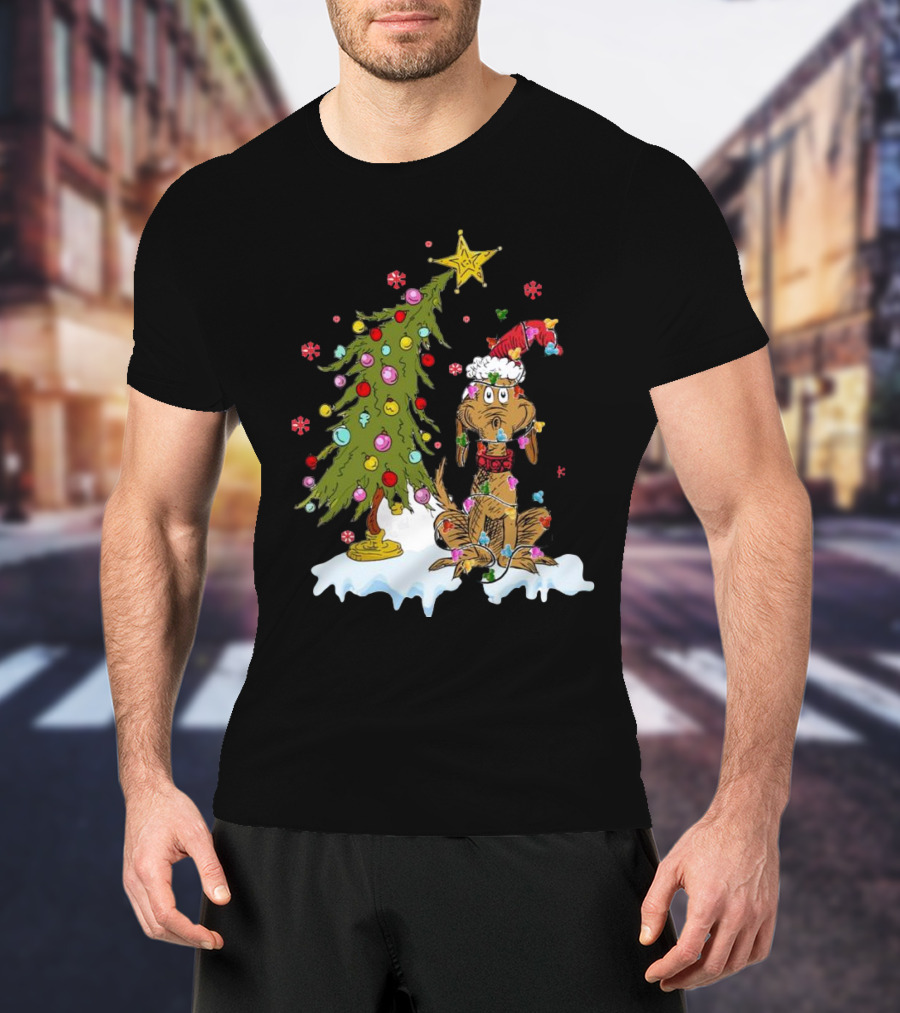 Christmas Max Dog Wrapped In Lights With Grinch Tree Scene T-Shirt