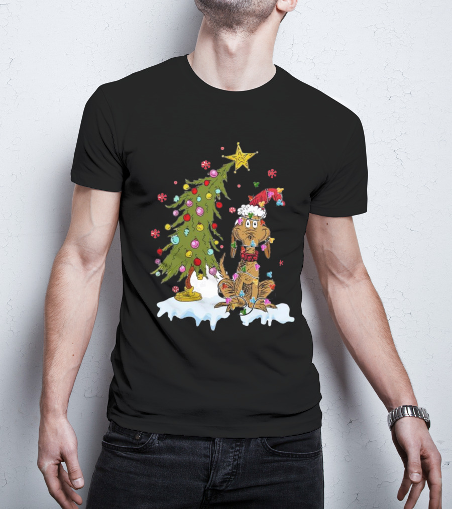 Christmas Max Dog Wrapped In Lights With Grinch Tree Scene T-Shirt