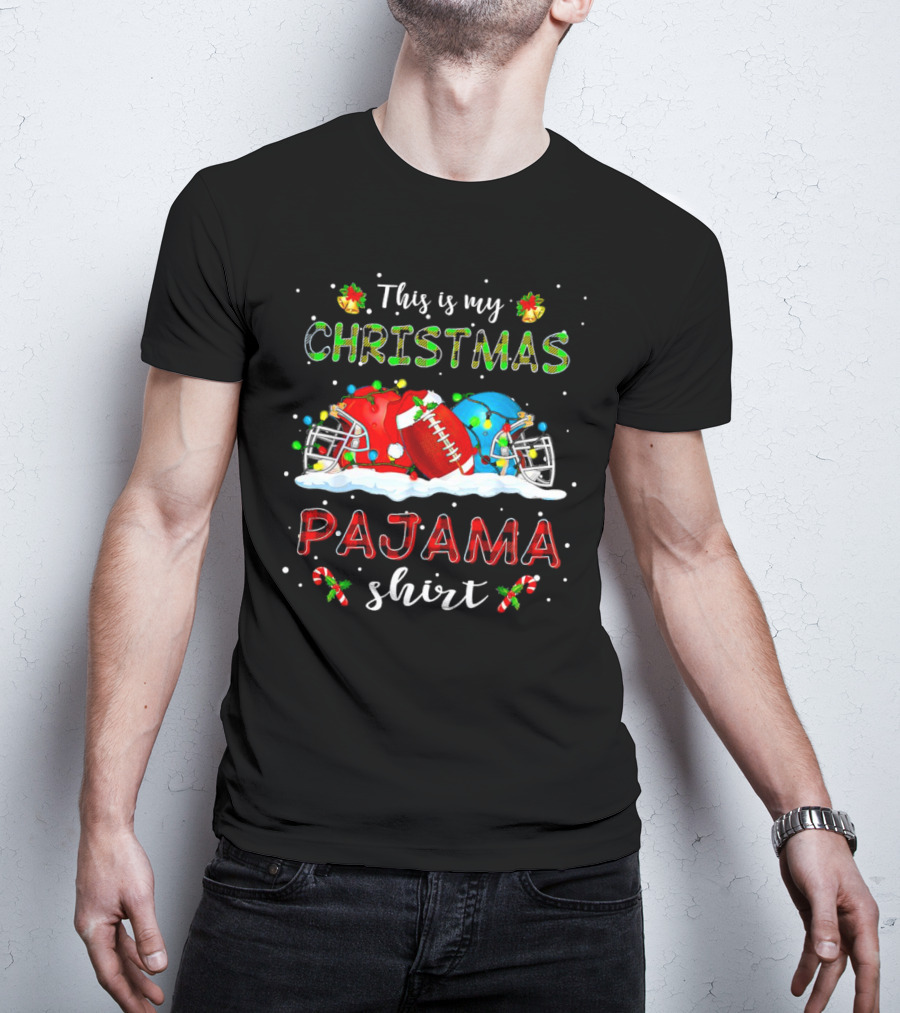 This Is My Christmas Pajama Shirt Football Helmets Candy Canes Snowflakes T-Shirt