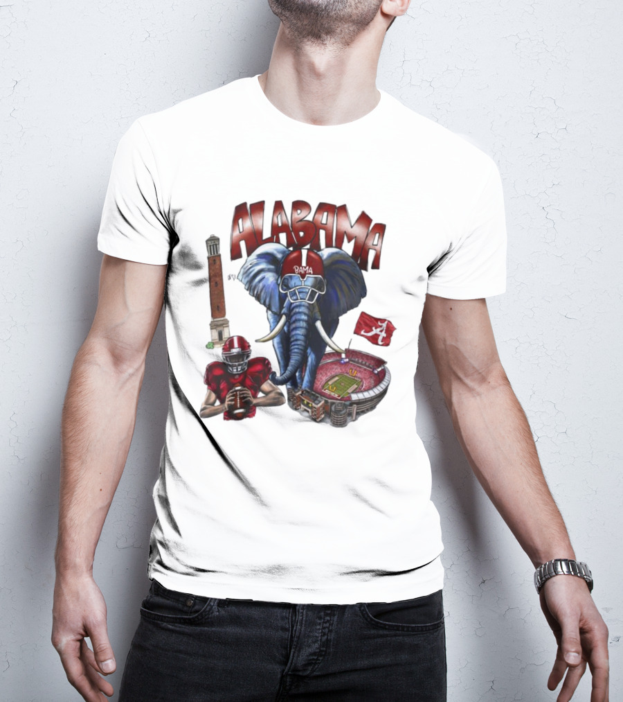 Alabama Crimson Tide Football Elephant Stadium Football Player Old Main Tower Bama T-Shirt