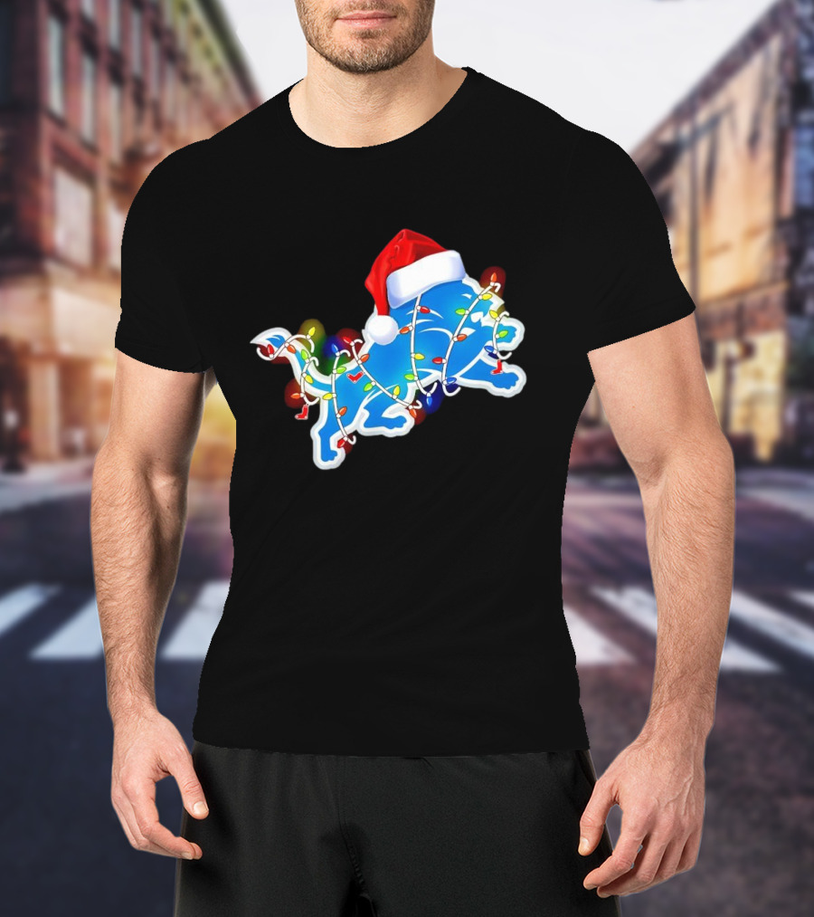 Detroit Lions Christmas Lights Santa Hat Holiday Football T-Shirt