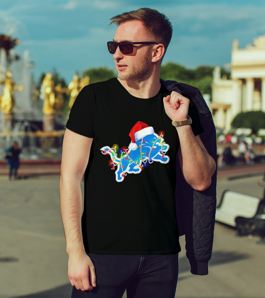 Detroit Lions Christmas Lights Santa Hat Holiday Football T-Shirt