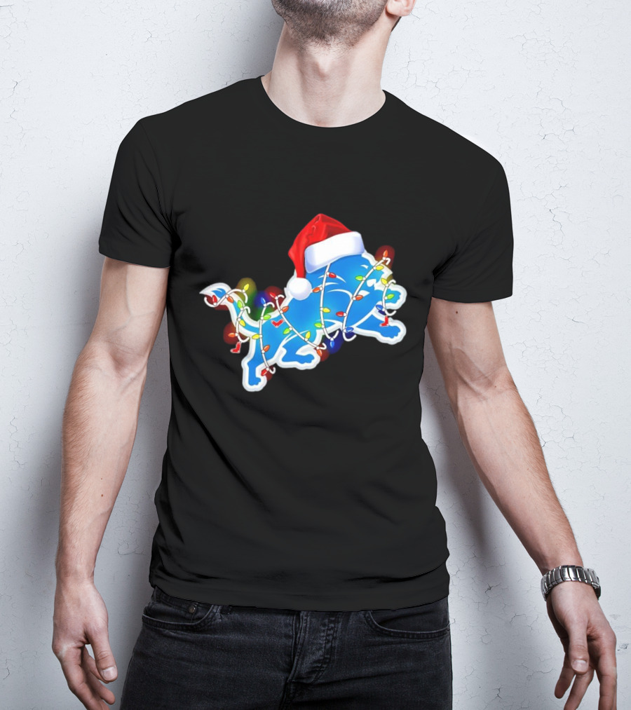 Detroit Lions Christmas Lights Santa Hat Holiday Football T-Shirt