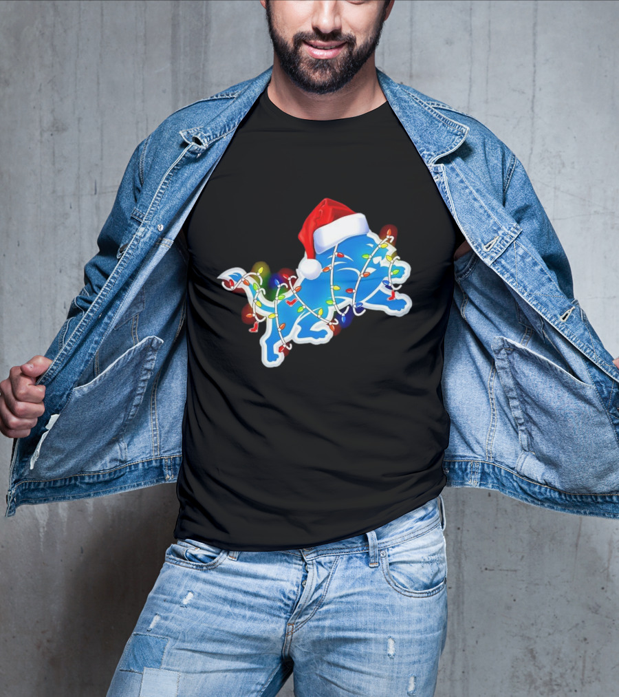Detroit Lions Christmas Lights Santa Hat Holiday Football T-Shirt