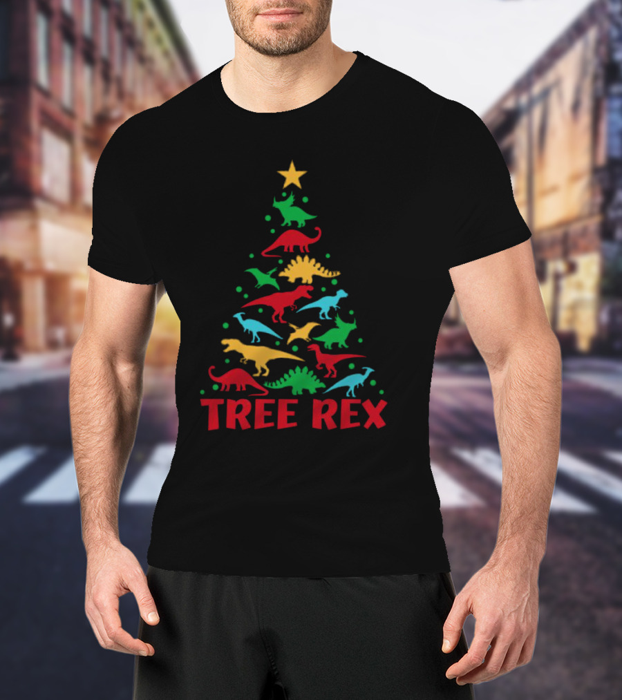 Tree Rex Dinosaur Christmas Tree With Colorful Dinosaurs T-Shirt