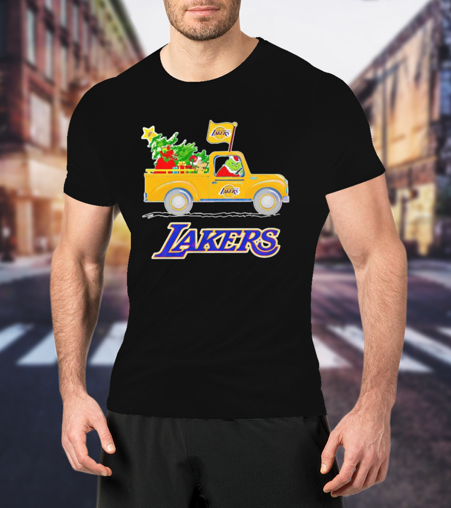 Grinch Driving Los Angeles Lakers Truck With Christmas Tree T-Shirt