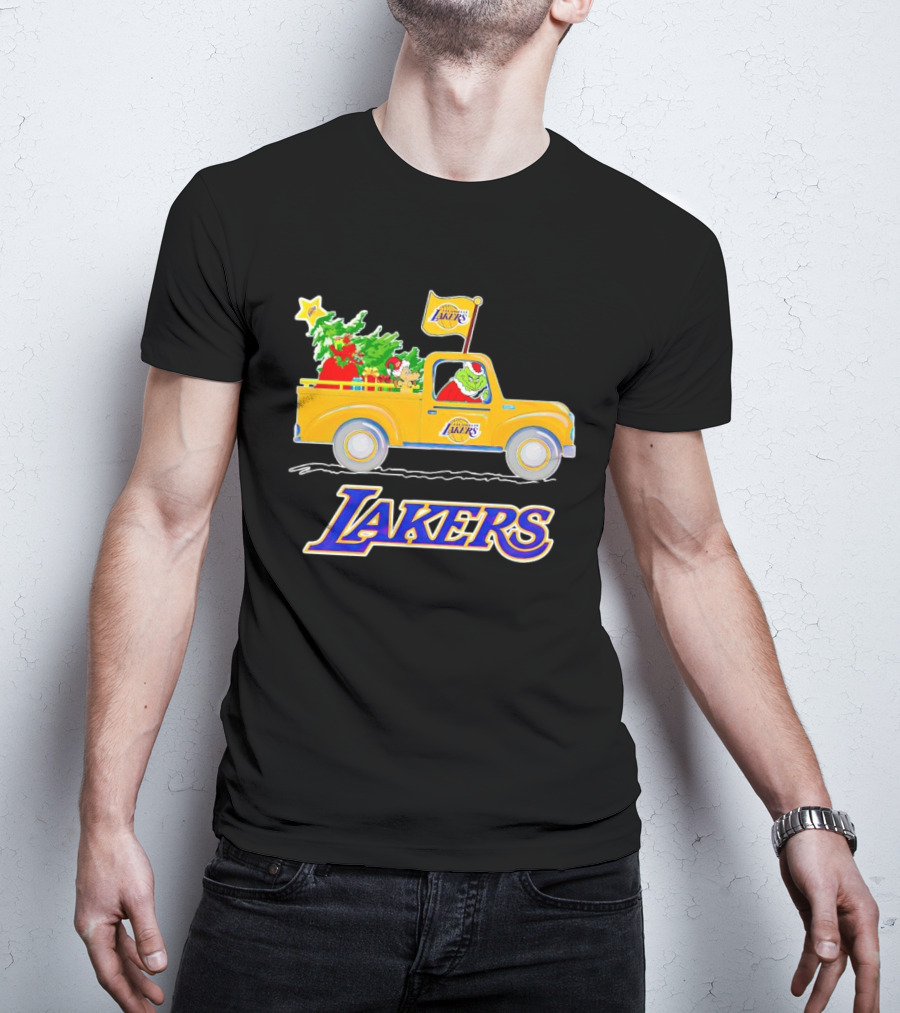 Grinch Driving Los Angeles Lakers Truck With Christmas Tree T-Shirt